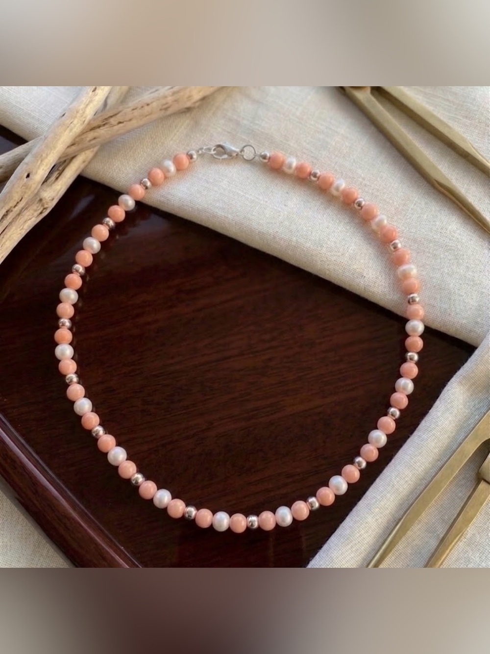 Authentic Handmade Coral, Pearl & Silver Bead Necklace String with Lobster Clasp